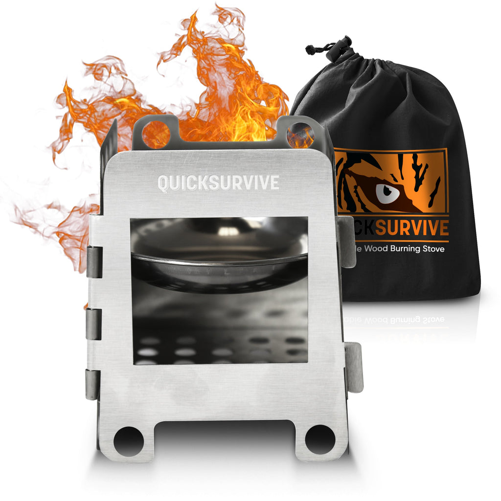 The Portable Mini Foldable Wood Burning Survival Stove by QUICKSURVIVE is a compact, stainless steel camping stove. Ideal for survival packs, it includes a carrying bag with the "QUICKSURVIVE" logo and text. Flames in the background emphasize its efficiency.