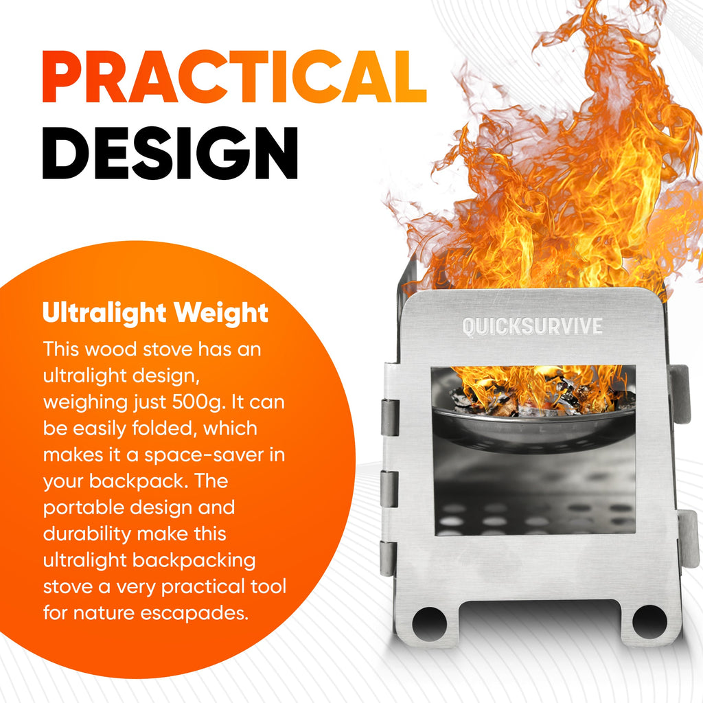 The Portable Mini Foldable Wood Burning Survival Stove by QUICKSURVIVE, made from compact stainless steel, showcases mesmerizing flames inside. This ultralight 500g stove features a portable design, making it perfect for backpacking, survival packs, and nature escapades.