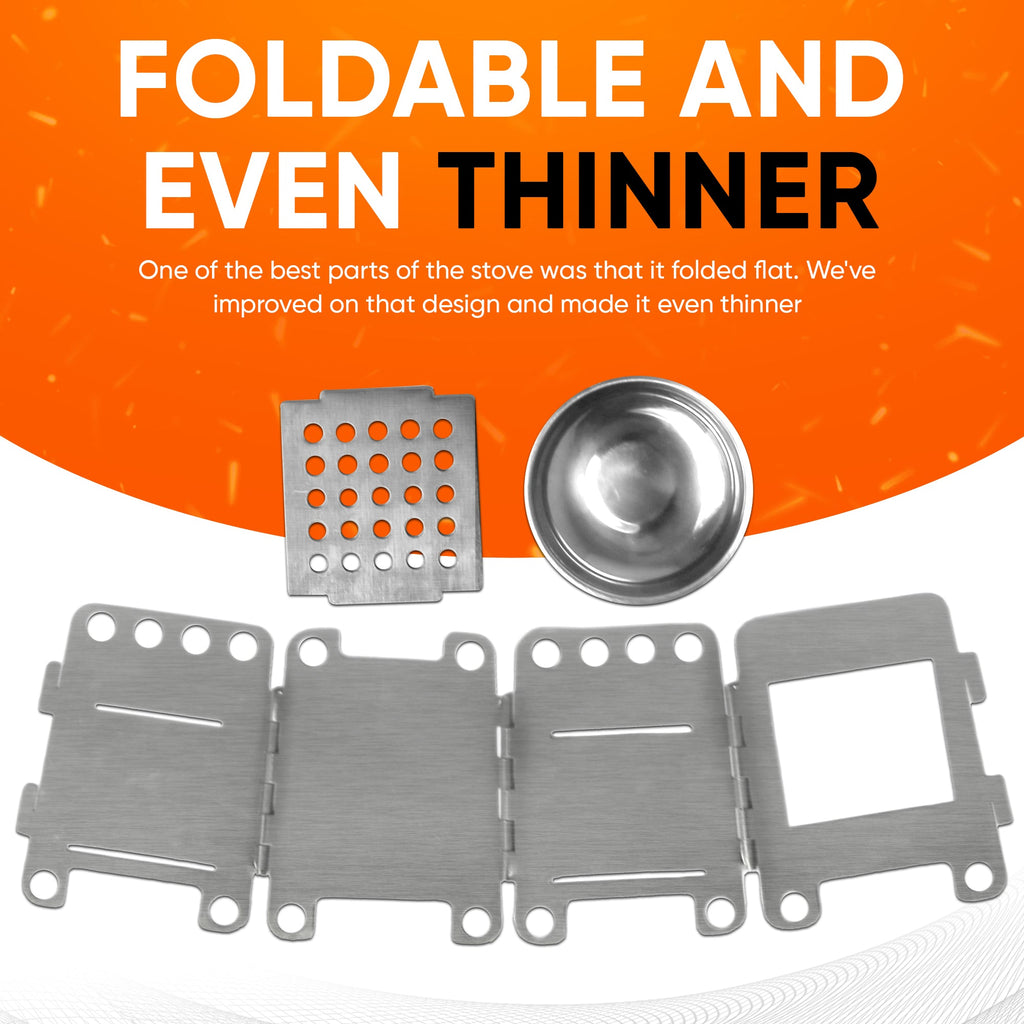 A foldable metal stove disassembled into four flat pieces, with a perforated square part and a round bowl. The text above reads "Foldable and Even Thinner." Perfect for survival packs, the Portable Mini Foldable Wood Burning Survival Stove by QUICKSURVIVE combines portability and efficiency for camping enthusiasts.