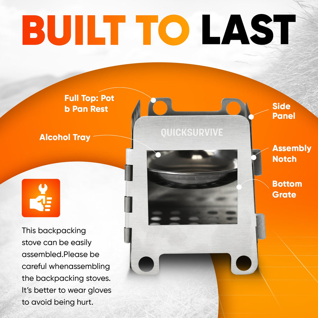 The Portable Mini Foldable Wood Burning Survival Stove by QUICKSURVIVE comes with labeled parts: full top (pot and pan rest), alcohol tray, side panel, assembly notch, and bottom grate. The instructions advise careful assembly and wearing gloves to avoid injury. Under the "BUILT TO LAST" header, this stove is described as perfect for survival packs, ensuring durability and convenience on all adventures.
