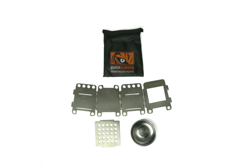 The components of the Portable Mini Foldable Wood Burning Survival Stove by QUICKSURVIVE and a black carrying pouch are laid out on a white background. The components include side panels, a grill plate, and a bowl, making it ideal for inclusion in QUICKSURVIVE's survival packs.