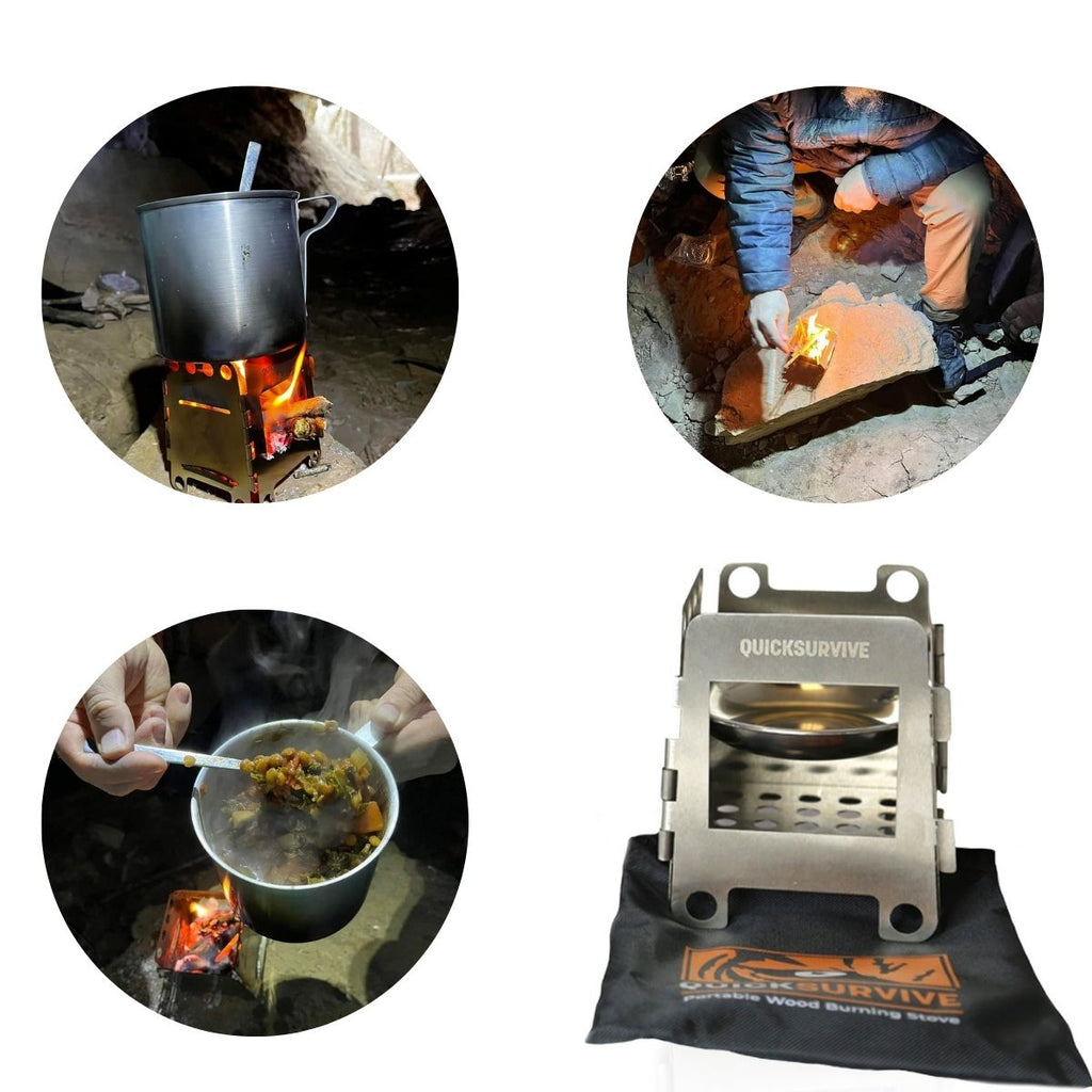 Three circular images showcase the Portable Mini Foldable Wood Burning Survival Stove by QUICKSURVIVE in action: boiling water in a pot, cooking food, and a person igniting it. The central image highlights the stove's components and packaging, making it an ideal addition to survival packs or a reliable portable camping stove for your adventures.