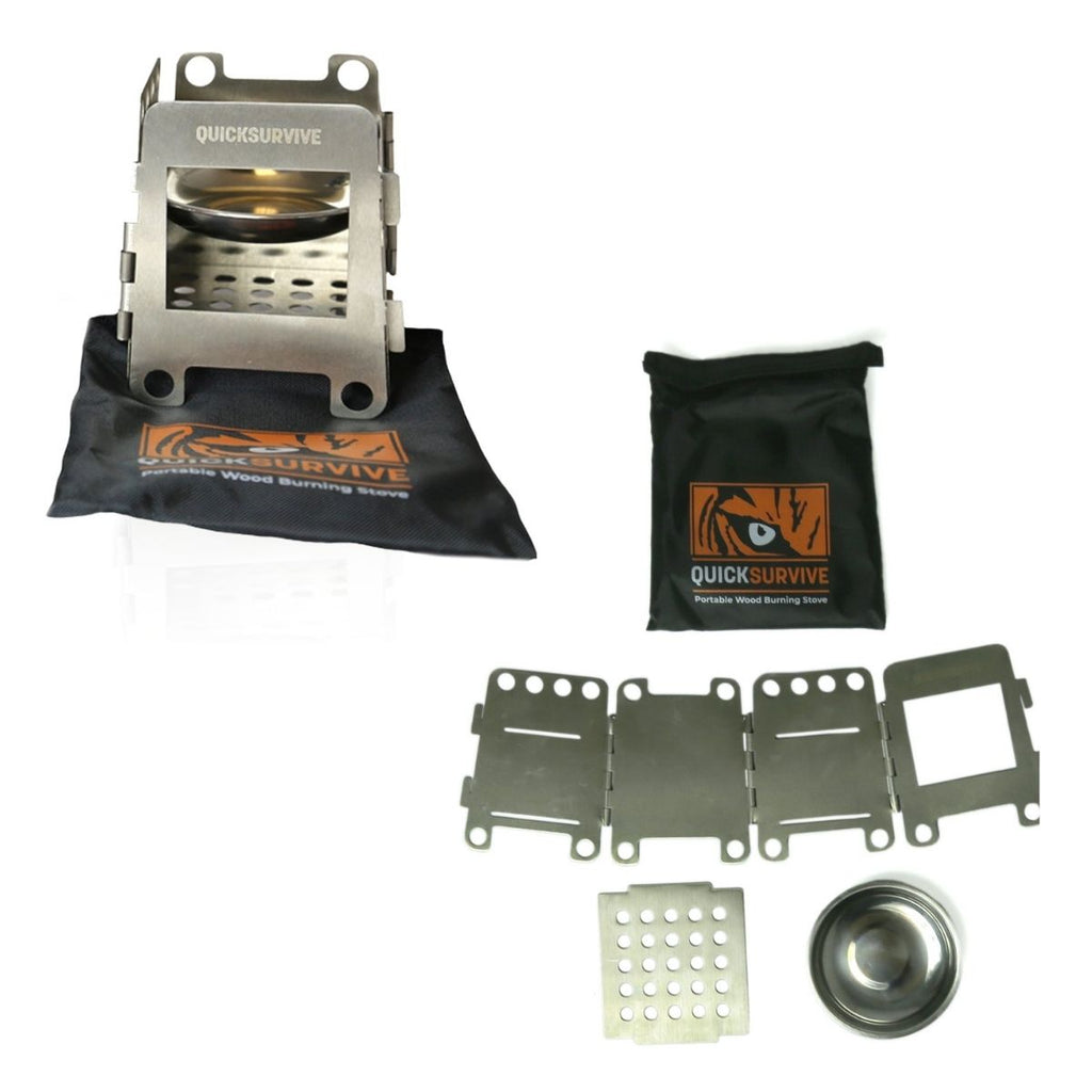 Image of the Portable Mini Foldable Wood Burning Survival Stove by QUICKSURVIVE, a portable camping stove. The image showcases the assembled stove, a carrying pouch, and various disassembled components laid out, ideal for survival packs.