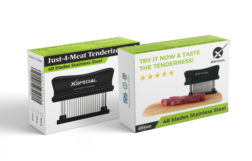 A package with an XSpecial Blade Meat Tenderizer Tool and an XSpecial meat tenderizer.