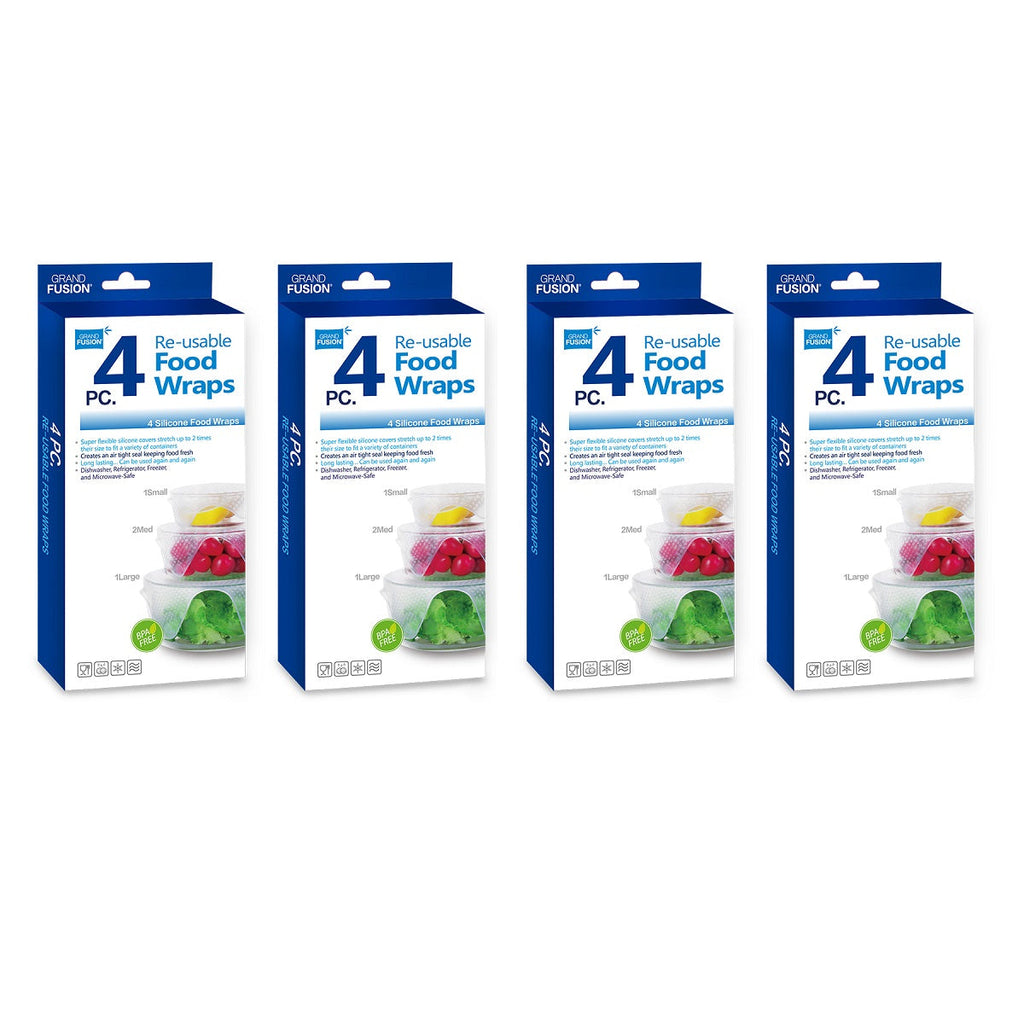Four packages of Grand Fusion Housewares, LLC Silicone Food Wrap 4 Pack, Flexible covers for glass, ceramic containers.
