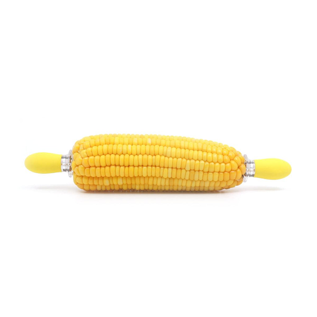 A stainless steel corn on the cob holder by Grand Fusion Housewares, LLC with silicone grips for meat lovers.