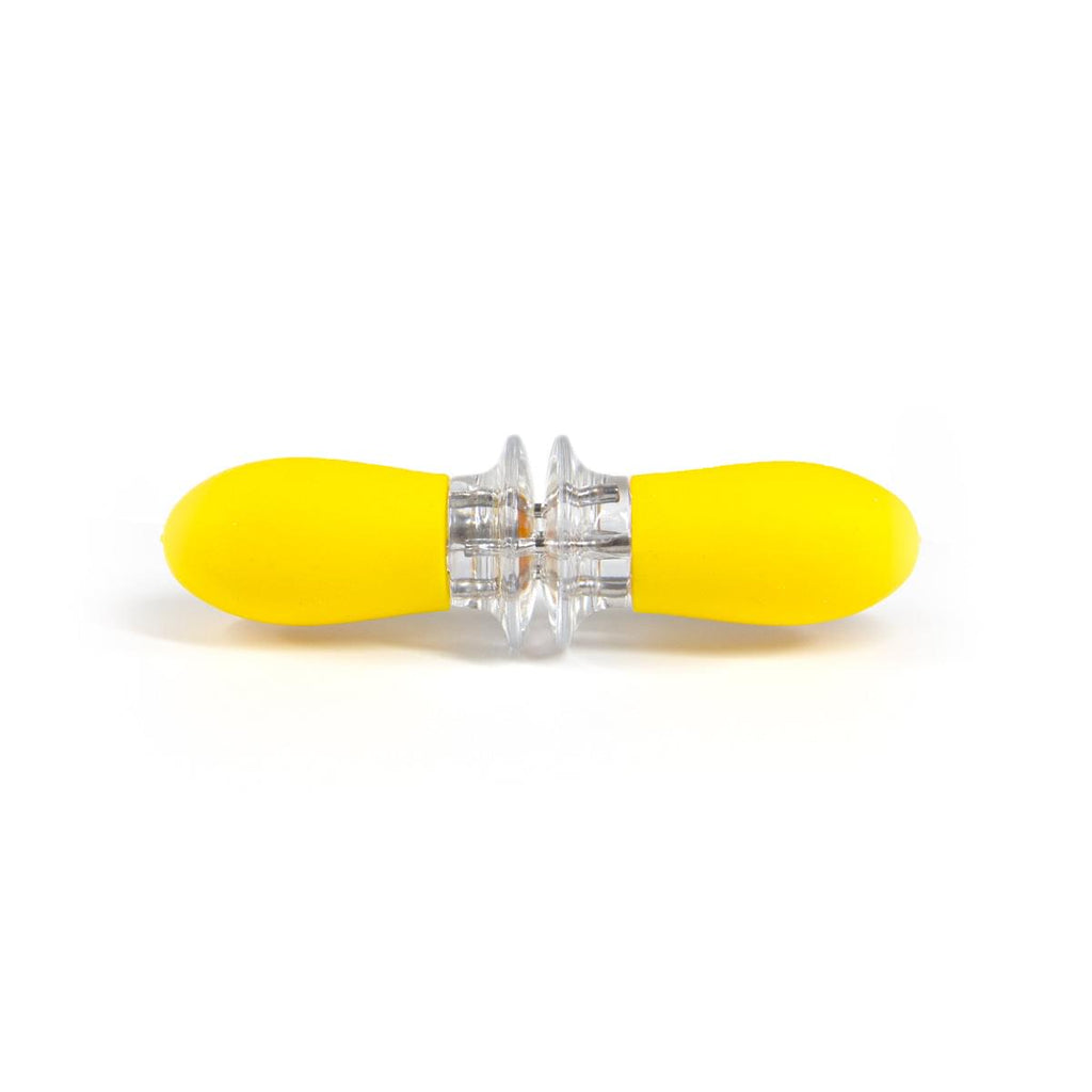 A yellow plastic Corn on the Cob Holders by Grand Fusion Housewares, LLC with Stainless Steel Prongs & Silicone Grips for foodies.