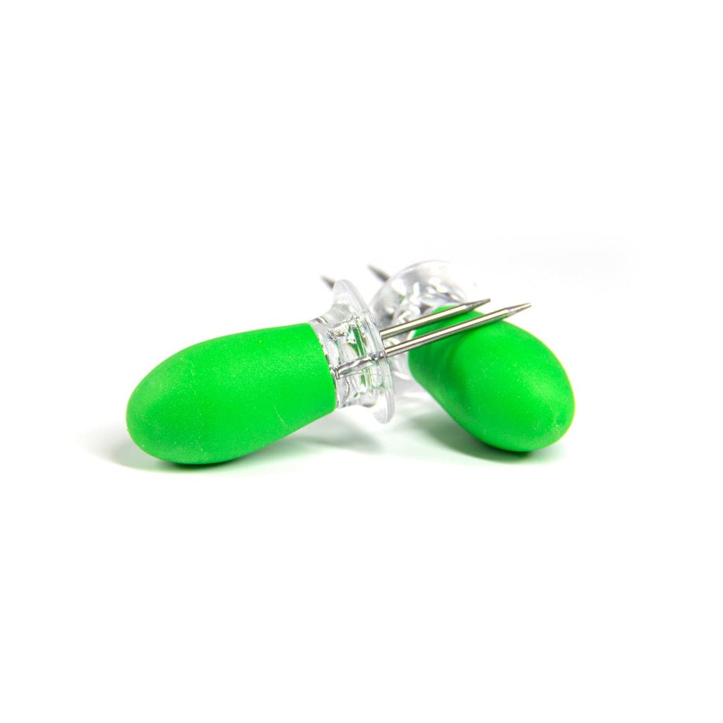 A pair of XSpecial Marketplace corn on the cob holders with stainless steel prongs & silicone grips on a white background.