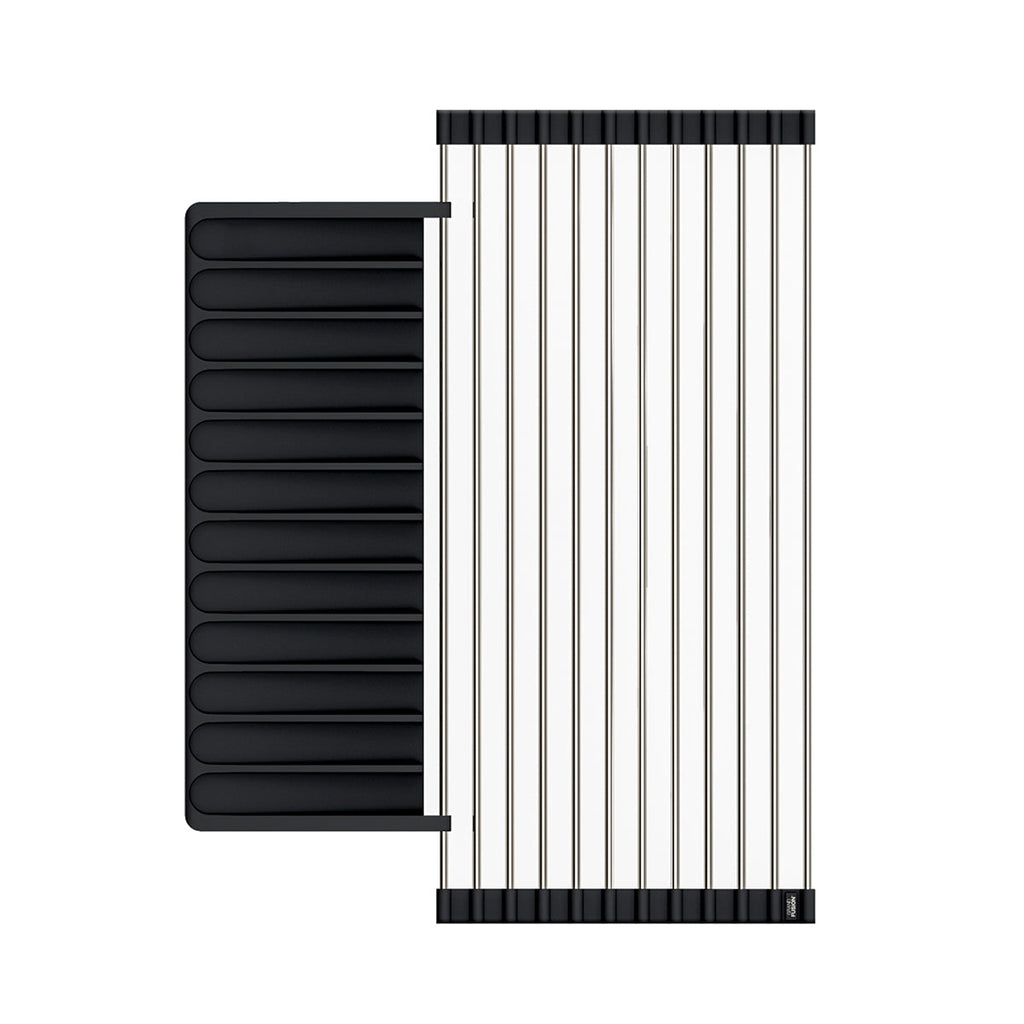 A black and white image of the Over Sink Roll-Up Dish Drying Rack with Silicone Drip Tray by Grand Fusion Housewares, LLC, perfect for foodies.