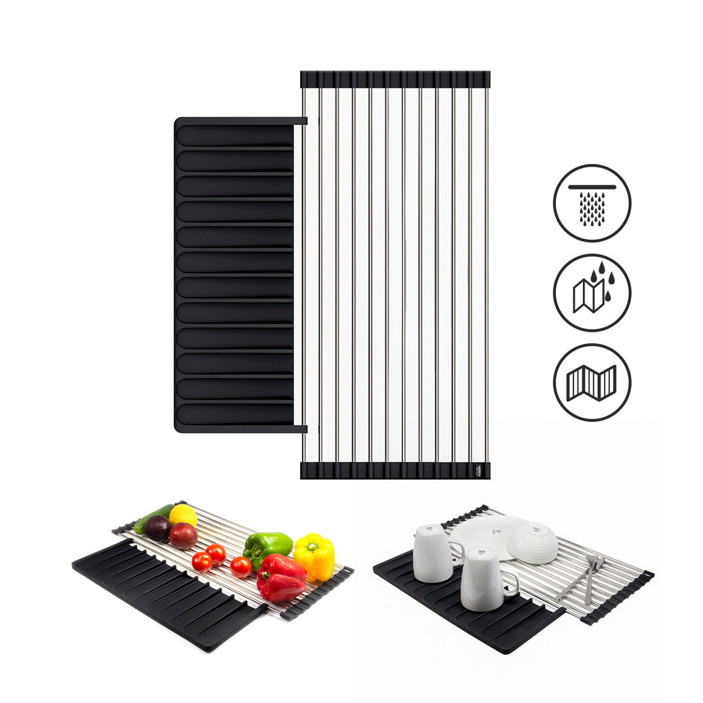 A Grand Fusion Housewares, LLC Over Sink Roll-Up Dish Drying Rack with a XSpecial blade Meat Tenderizer Tool and Silicone Drip Tray.