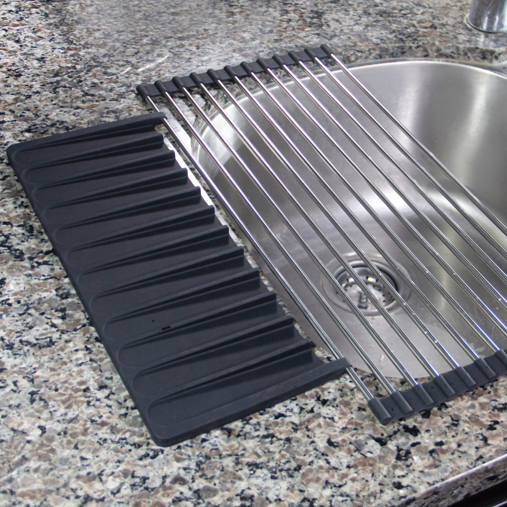 An Over Sink Roll-Up Dish Drying Rack by Grand Fusion Housewares, LLC.