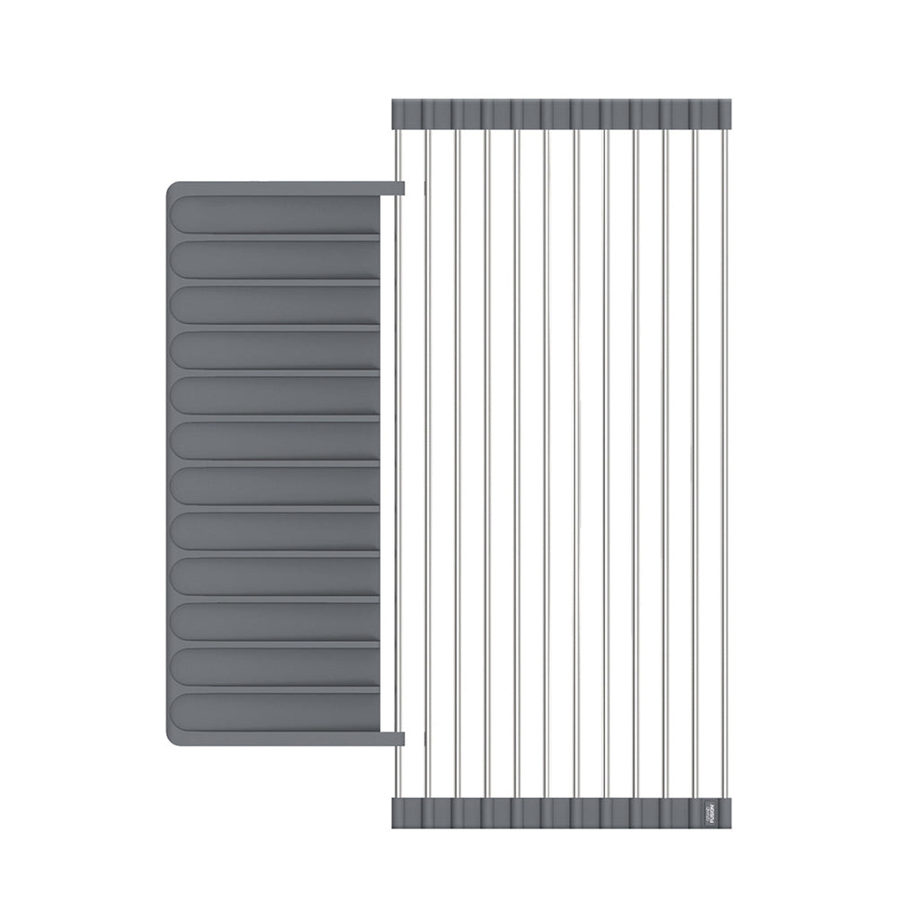 A gray Over Sink Roll-Up Dish Drying Rack with Silicone Drip Tray from Grand Fusion Housewares, LLC suitable for foodies.