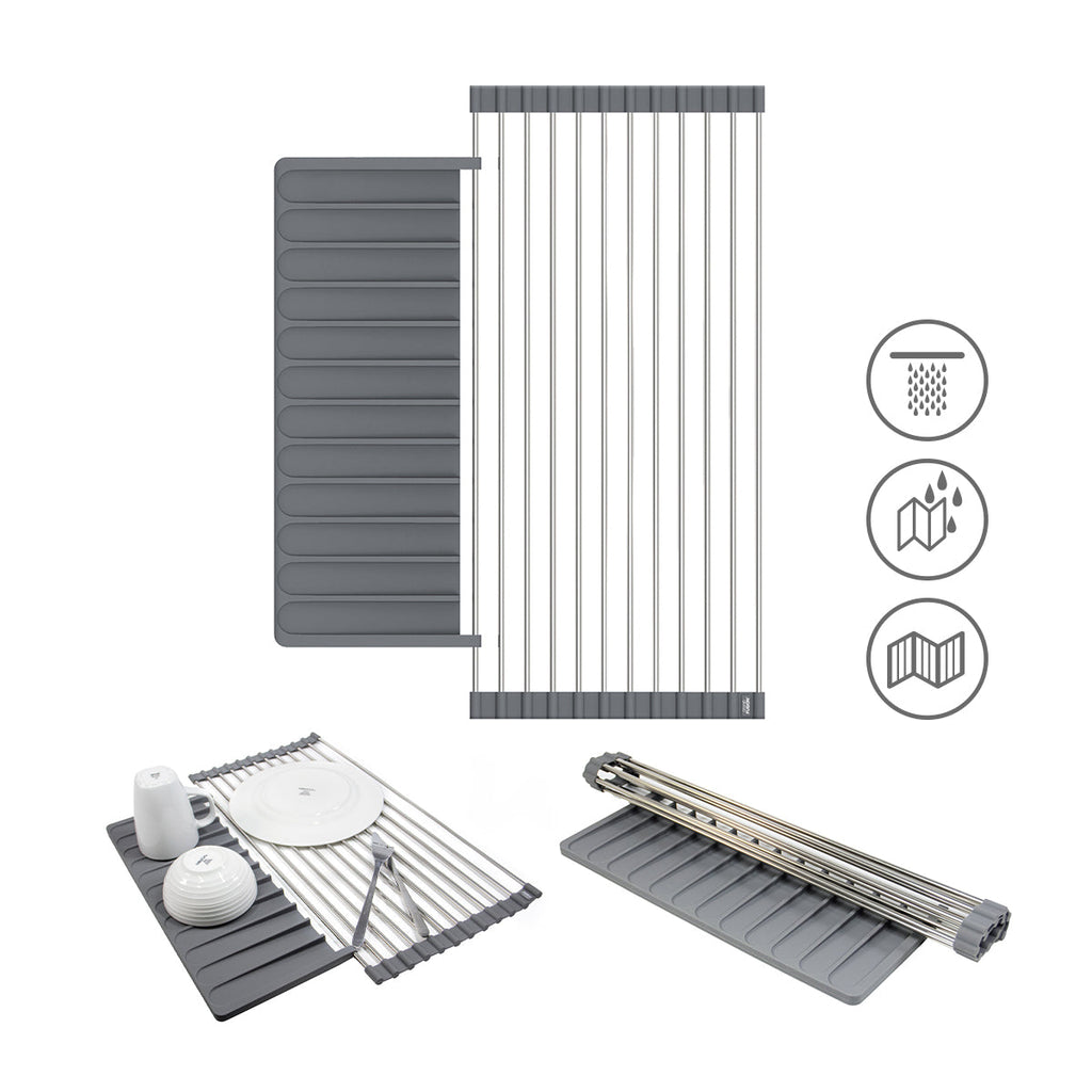 An image of the Grand Fusion Housewares, LLC Over Sink Roll-Up Dish Drying Rack with Silicone Drip Tray featuring a Meat Tenderizer Tool by XSpecial.
