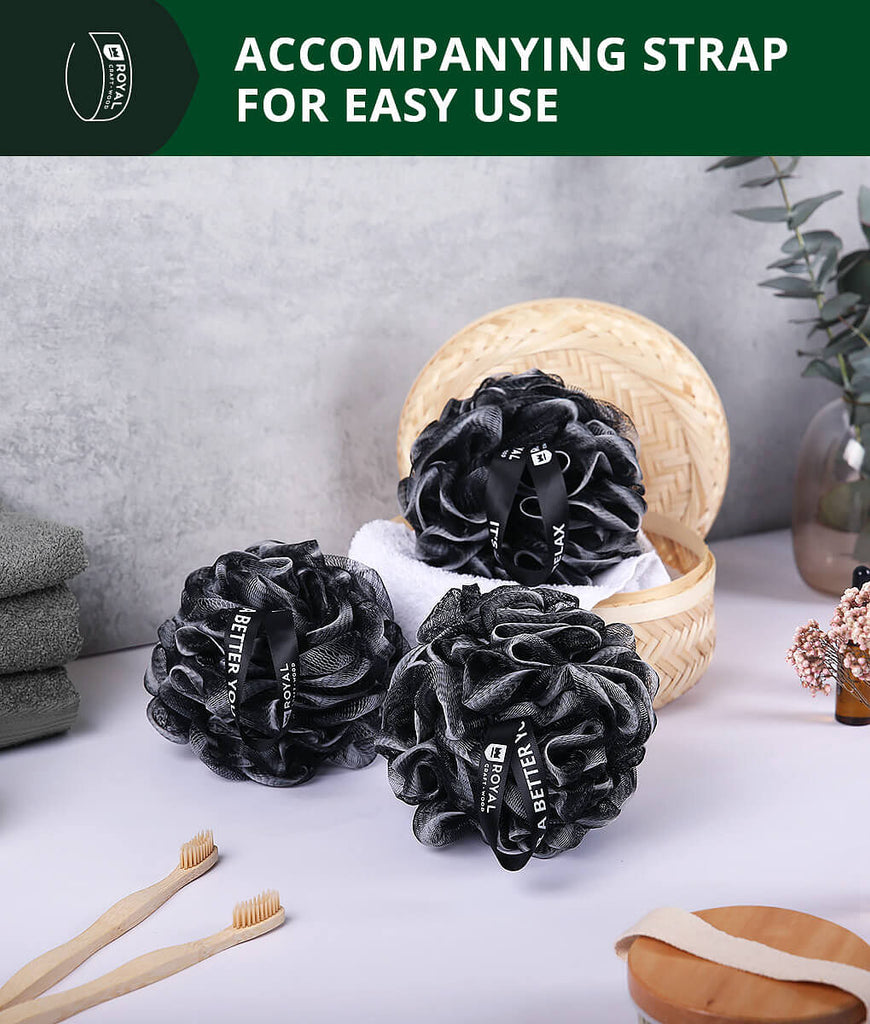 Three Loofah Bath Sponge Sets Of 3 by Royal Craft Wood on a table with bamboo sticks and an XSpecial Meat Tenderizer Tool.