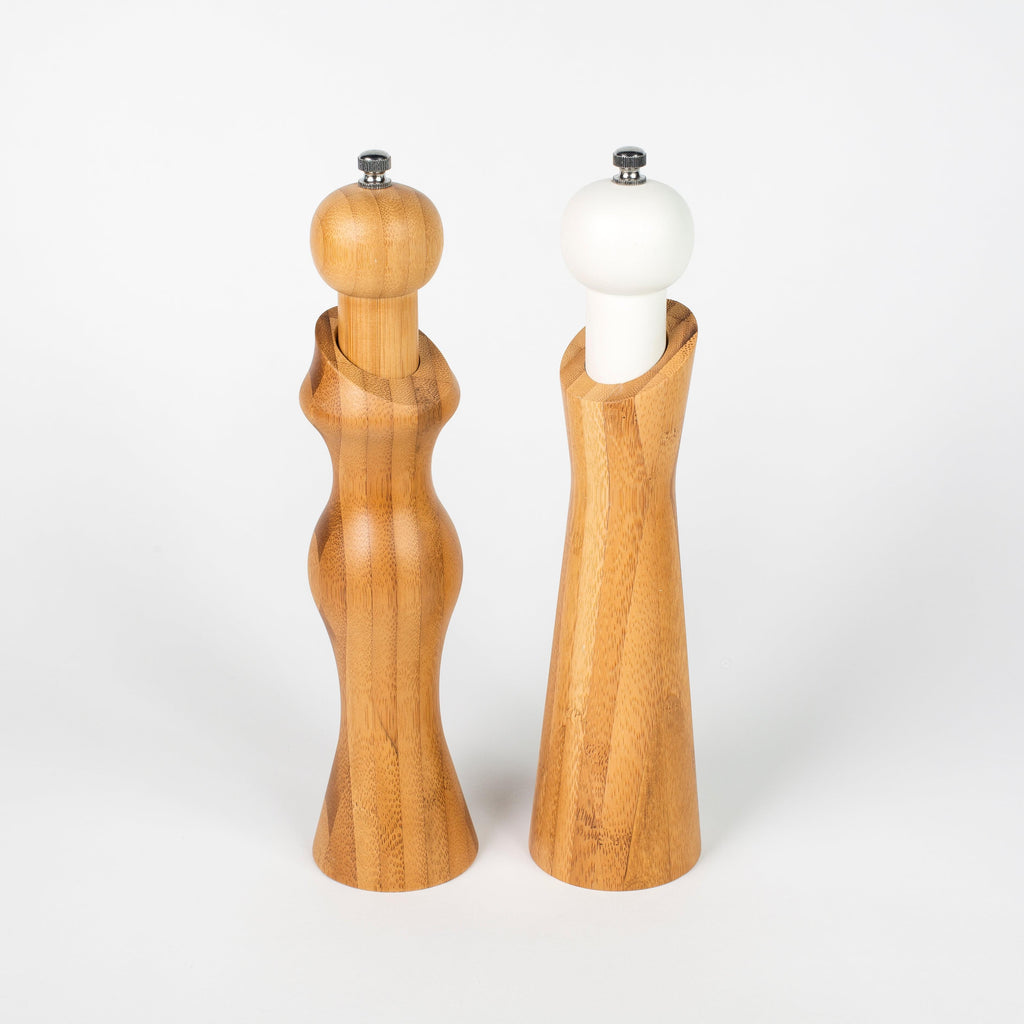 Two Bamboo Salt & Pepper Mills by Peterson Housewares & Artwares on a white background.