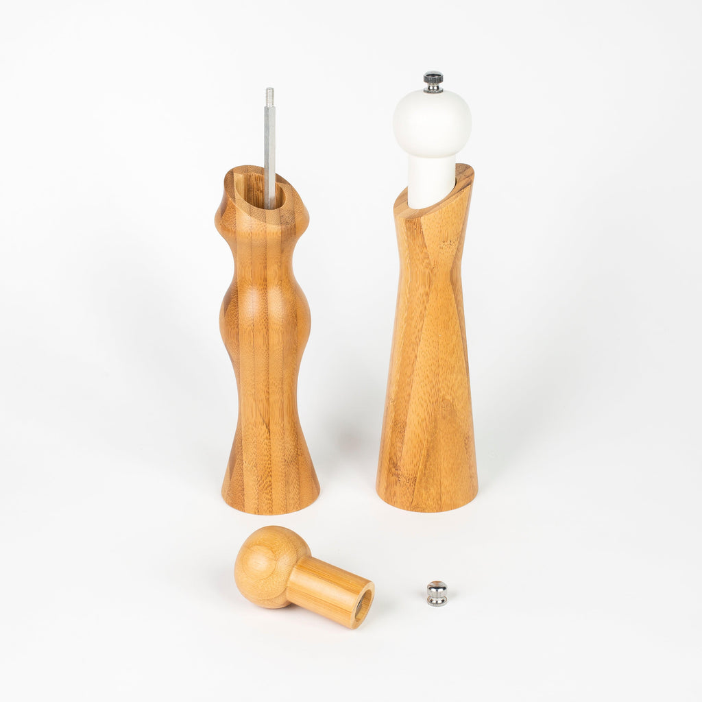 XSpecial Mr. & Ms. SALT & PEPPER MILLS made of bamboo by Peterson Housewares & Artwares, perfect for meat lovers, displayed on a white background.