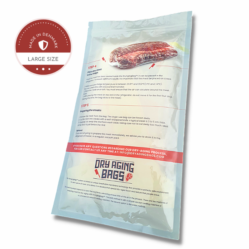 A package of Large DryAgingBags™ by DryAgingBags™ from the XSpecial Marketplace, perfect for Meat Lovers wanting to dry age meat at home, with a handy label