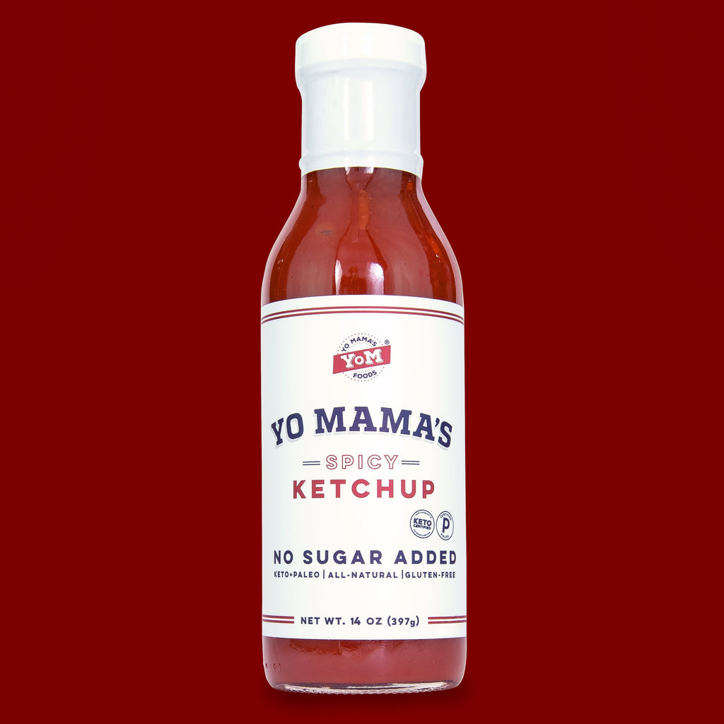 No Spicy Ketchup by Yo Mama's Foods on a red background featuring XSpecial Marketplace.