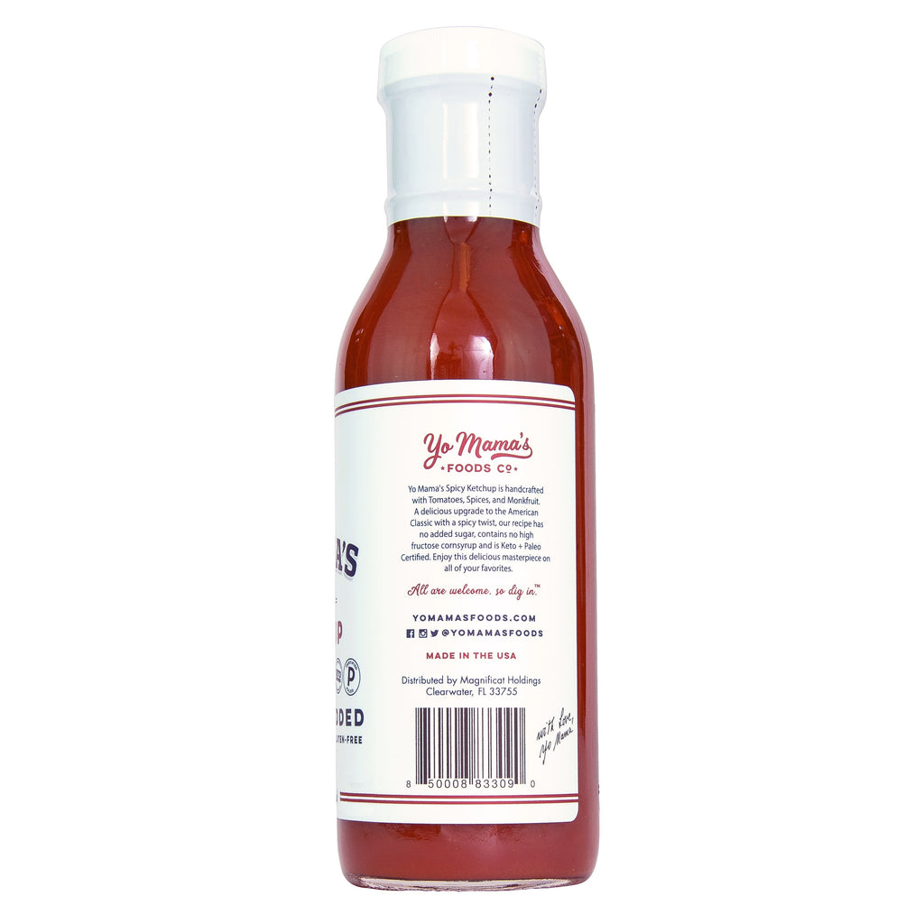 A bottle of Spicy Ketchup for Meat Lovers by Yo Mama's Foods on a white background.