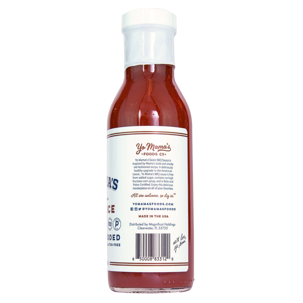 A bottle of Yo Mama's Foods Classic BBQ, perfect for Meat Lovers and Foodies, on a white background.