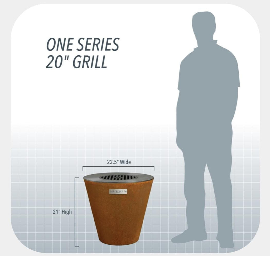 An image of a man standing next to an Arteflame One Series 20" grill by Arteflame Outdoor Grills, available on XSpecial Marketplace for foodies.