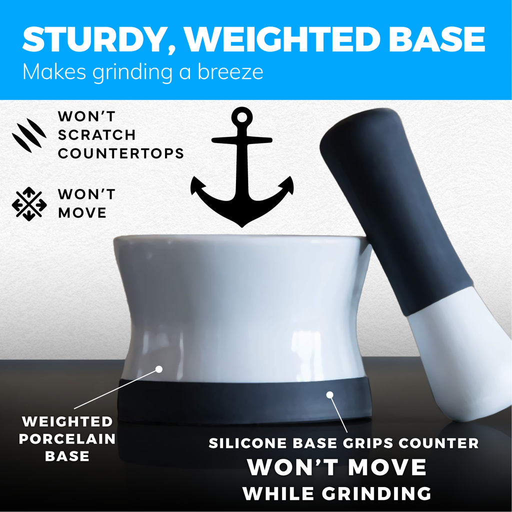 Cooler Kitchen's Mortar and Pestle Set - Small EZ-Grip Silicone & Porcelain Mortar, perfect for XSpecial foodies, makes grinding a breeze with its sturdy, weighted base.