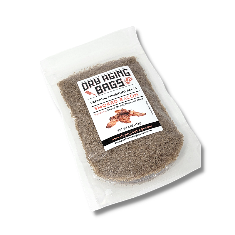 A bag of XSpecial Smoked Bacon Salt by DryAgingBags™ on a white background, perfect for foodies.