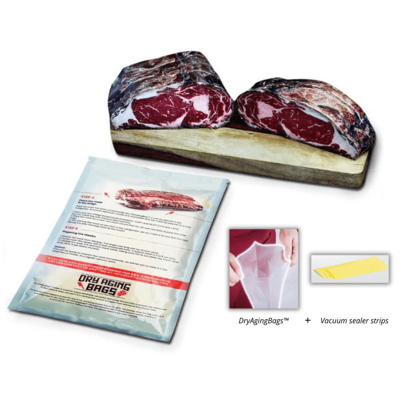 A XSpecial meat tenderizer tool is being used on a piece of DryAgingBags™ meat next to a plastic bag.