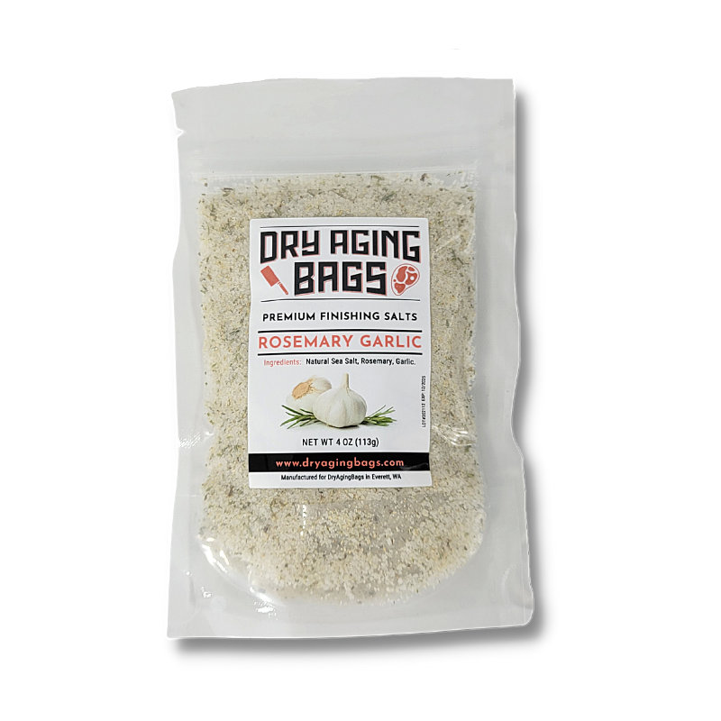 A bag of Rosemary Garlic Salt on a white background, perfect for Meat Lovers.