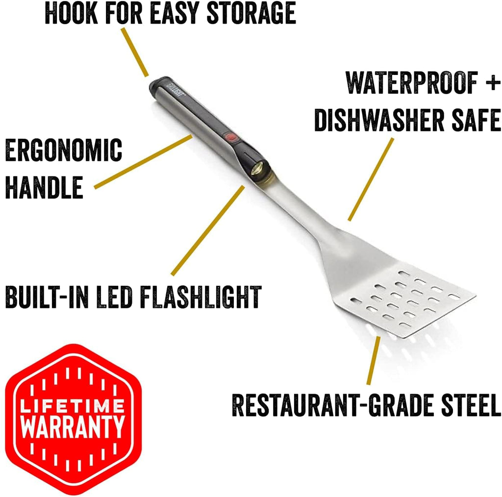 A Grill Light Gift 2 Set bbq spatula with all the features of a spatula and Blade Meat Tenderizer Tool from Grillight.com.