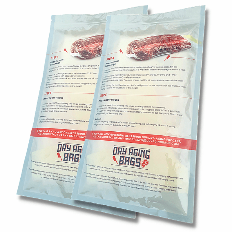 Two DryAgingBags™ Sampler bags by DryAgingBags™ for Foodies and Meat Lovers on a white background.