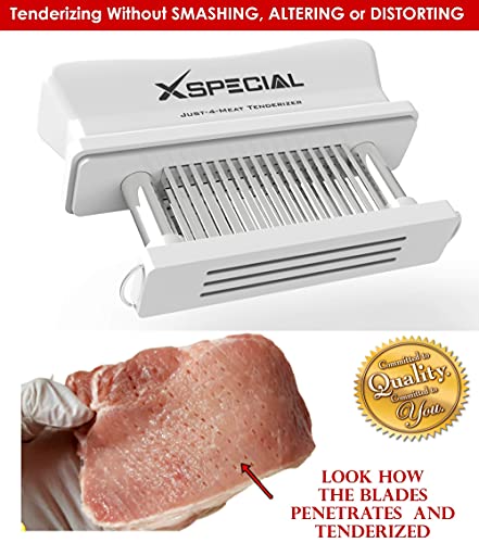 The XSpecial kitchen meat tenderizer tool is shown with a piece of meat, perfect for foodies and meat lovers.