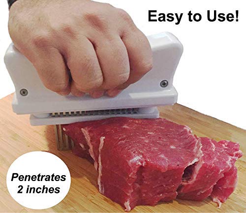 A foodie is using the XSpecial Kitchen Meat Tenderizer Tool to slice meat on a cutting board.