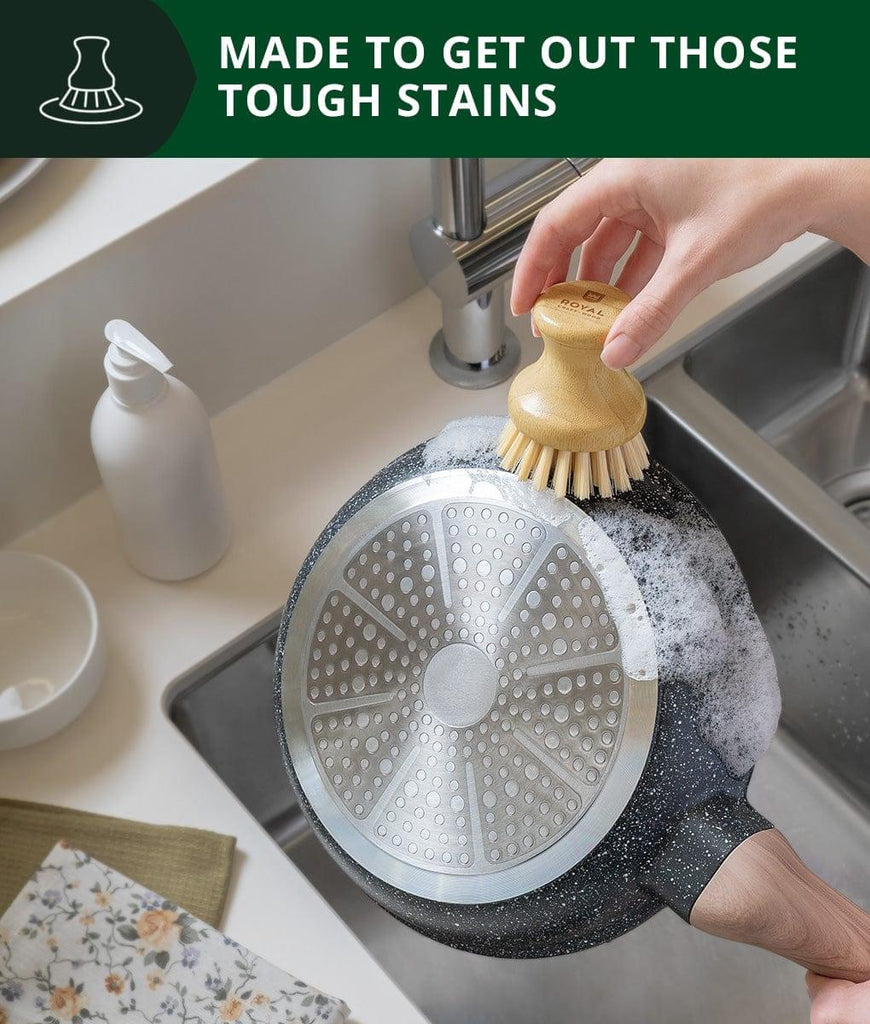 A XSpecial foodie using a Royal Craft Wood dish washing brush to get out tough stains.