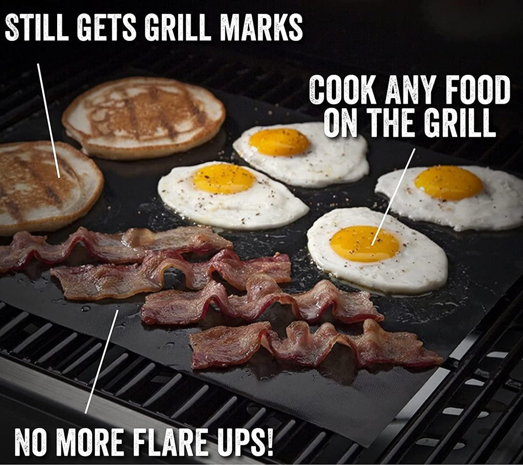 Bacon, eggs, and grilling essentials combo kit for meat lovers on a grill from Grillight.com featuring a blade meat tenderizer tool.