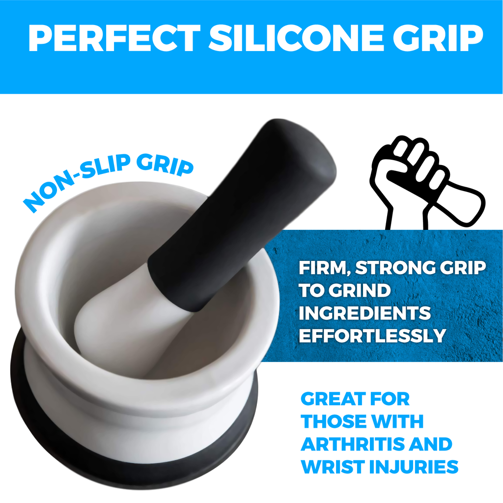 Perfect Mortar and Pestle Set with Non-Slip Scratch Proof Silicone Base, Dishwasher Safe for Foodies.