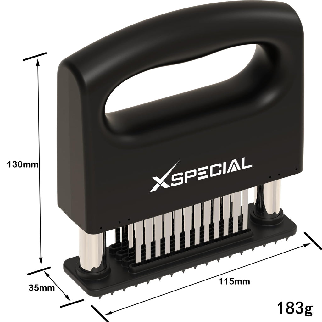 The XSpecial Mini-Deluxe Meat Tenderizer Tool is black with stainless steel blades and handle, featuring multiple blades. It measures 130mm in height, 115mm in width, and 35mm in depth, weighing 183g.