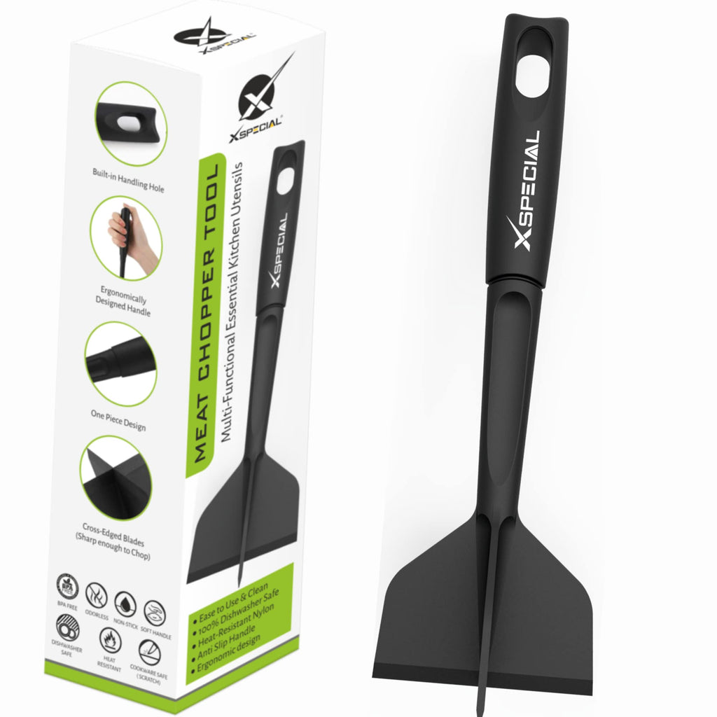 A black plastic XSpecial Meat Chopper with a black handle.
