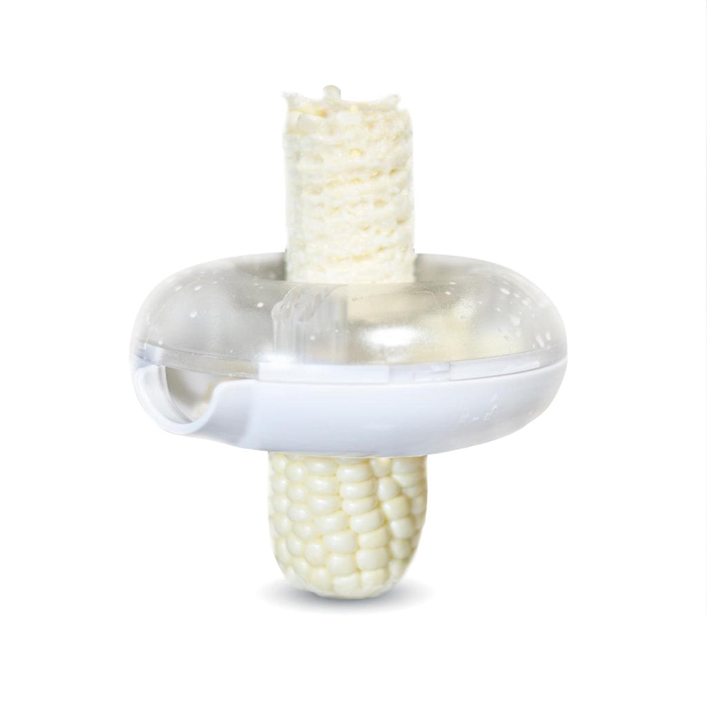 A stainless steel corn peeler on a white background for foodies.