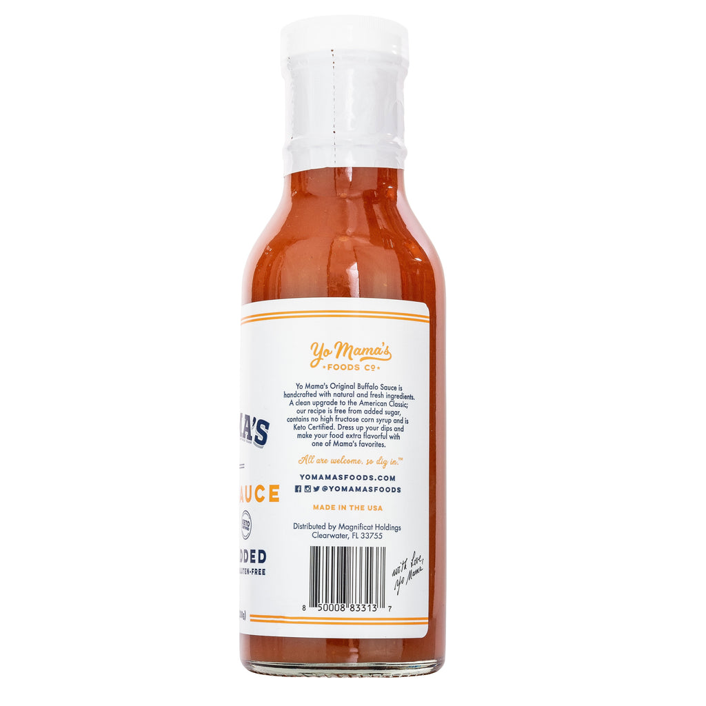 A bottle of Classic Buffalo hot sauce by Yo Mama's Foods, a favorite among foodies, on a white background.