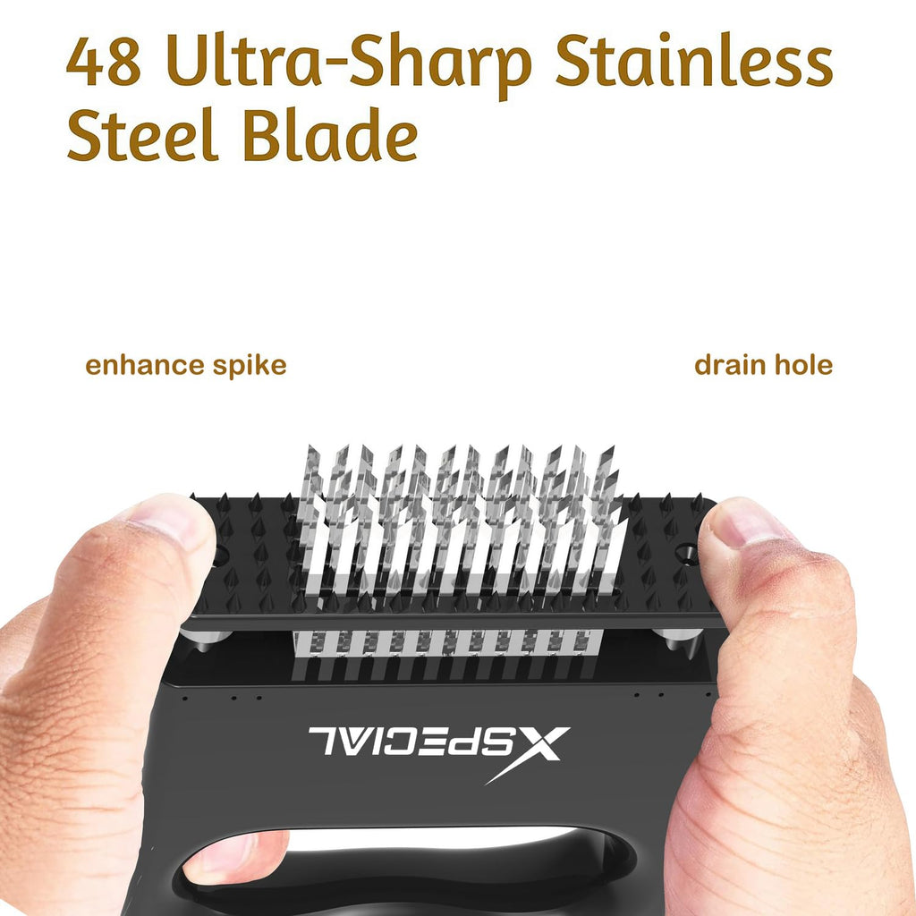 Holding the Mini-Deluxe Meat Tenderizer Tool by XSpecial, you'll find 48 ultra-sharp stainless steel blades, a spike for enhancement, and a drain hole.