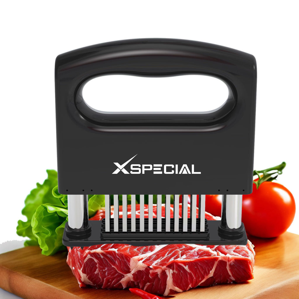A XSpecial Mini-Deluxe Meat Tenderizer Tool 48 Blade Stainless Steel, Handle & Detachable Bottom Design with vegetables and meat on a cutting board.