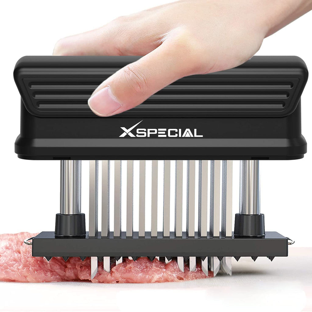 A hand is holding a XSpecial Bold XL Meat Tenderizer Tool 60-Blades Stainless Steel, Ease to Use & Clean Makes The Toughest Steak Tender.