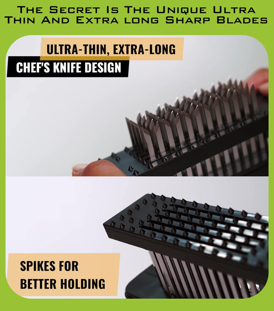 The secret is the Bold XL Meat Tenderizer Tool 60-Blades Stainless Steel, Ease to Use & Clean Makes The Toughest Steak Tender chef's design knife holder, a must-have kitchen tool for tenderizing meat.