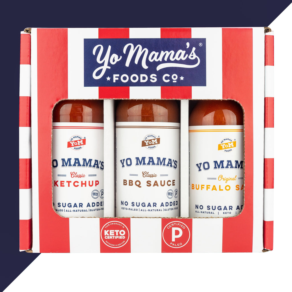 Yo Mama's Foods Grilling Keto Condiment Gift Set, perfect for foodies, includes a meat tenderizer tool and is available on XSpecial Marketplace.