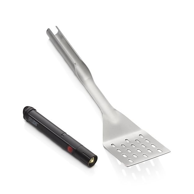 An Original Grillight LED Spatula by Grillight.com and spatula set with an XSpecial Marketplace Meat Tenderizer Tool on a white surface.