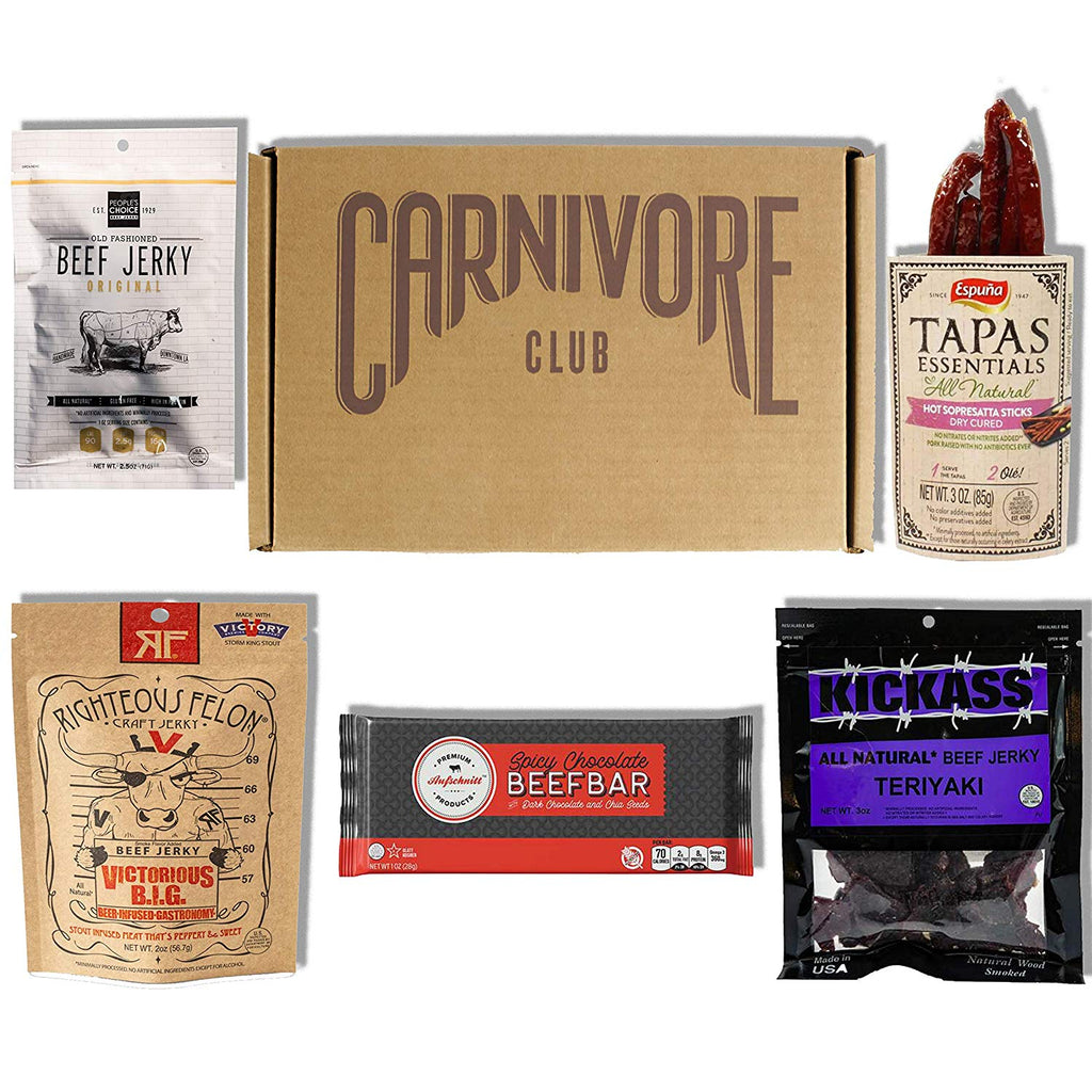 Carnivore Club Snack Box Sampler by Carnivore Club USA with various meats and snacks, perfect for foodies who love meat.