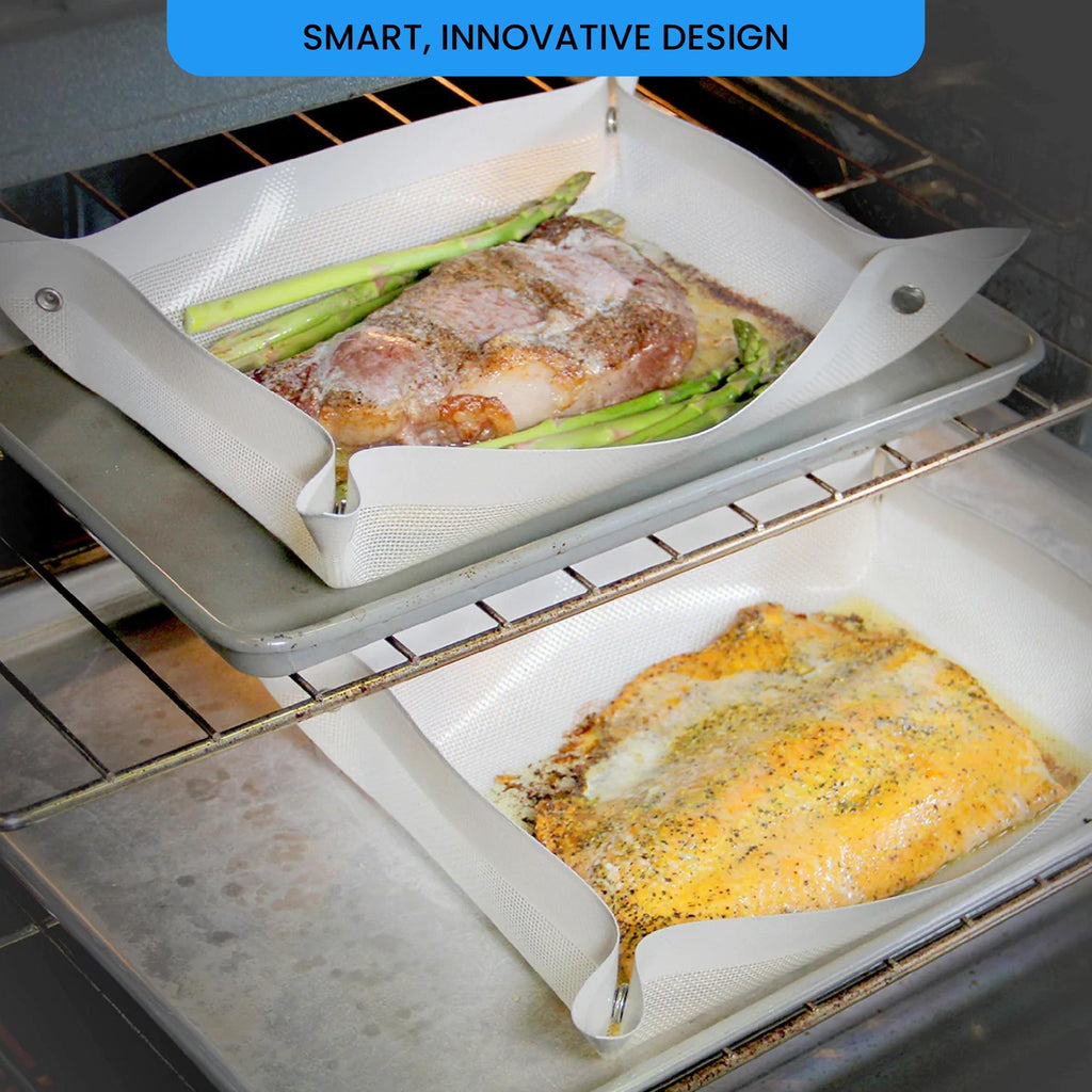A tray of Grand Fusion Housewares, LLC's Baking Mat, BPA Free Non-Stick Silicone Clear with fish and asparagus in the oven prepared using XSpecial's Blade Meat Tenderizer Tool