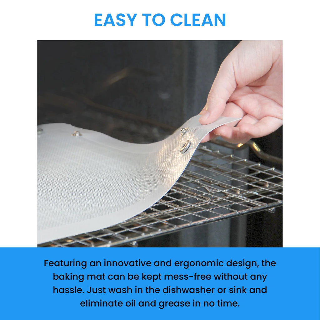 A person is holding a Baking Mat with the words easy to clean, from the brand Grand Fusion Housewares, LLC.