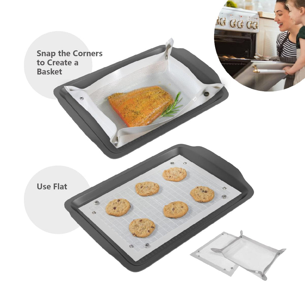 Two images of a Grand Fusion Housewares, LLC baking mat for foodies.